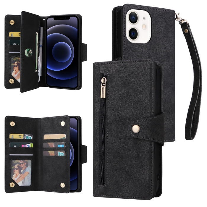 Caja de teléfono de cuero con tres pliegues para 9 tarjetas con hebilla de remache, For iPhone 7/8/SE 2020, For iPhone 7 Plus/8 Plus, For iPhone 11, For iPhone 11 Pro, For iPhone 12, For iPhone 12 mini, For iPhone 12 Pro Max, For iPhone 13 mini        ...