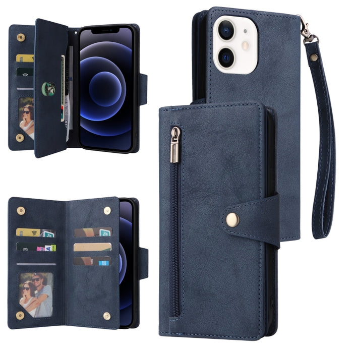 Caja de teléfono de cuero con tres pliegues para 9 tarjetas con hebilla de remache, For iPhone 7/8/SE 2020, For iPhone 7 Plus/8 Plus, For iPhone 11, For iPhone 11 Pro, For iPhone 12, For iPhone 12 mini, For iPhone 12 Pro Max, For iPhone 13 mini        ...