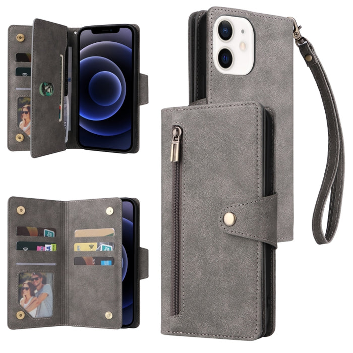 Caja de teléfono de cuero con tres pliegues para 9 tarjetas con hebilla de remache, For iPhone 7/8/SE 2020, For iPhone 7 Plus/8 Plus, For iPhone 11, For iPhone 11 Pro, For iPhone 12, For iPhone 12 mini, For iPhone 12 Pro Max, For iPhone 13 mini        ...