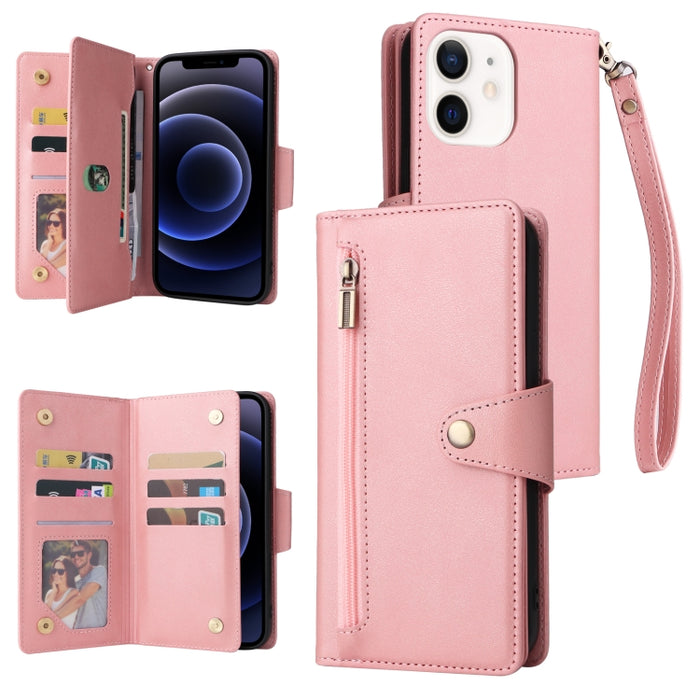 Caja de teléfono de cuero con tres pliegues para 9 tarjetas con hebilla de remache, For iPhone 7/8/SE 2020, For iPhone 7 Plus/8 Plus, For iPhone 11, For iPhone 11 Pro, For iPhone 12, For iPhone 12 mini, For iPhone 12 Pro Max, For iPhone 13 mini        ...