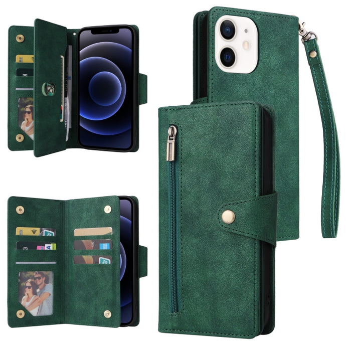 Caja de teléfono de cuero con tres pliegues para 9 tarjetas con hebilla de remache, For iPhone 7/8/SE 2020, For iPhone 7 Plus/8 Plus, For iPhone 11, For iPhone 11 Pro, For iPhone 12, For iPhone 12 mini, For iPhone 12 Pro Max, For iPhone 13 mini        ...