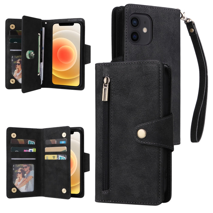 Caja de teléfono de cuero con tres pliegues para 9 tarjetas con hebilla de remache, For iPhone 7/8/SE 2020, For iPhone 7 Plus/8 Plus, For iPhone 11, For iPhone 11 Pro, For iPhone 12, For iPhone 12 mini, For iPhone 12 Pro Max, For iPhone 13 mini        ...