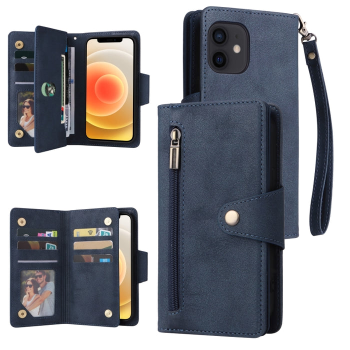 Caja de teléfono de cuero con tres pliegues para 9 tarjetas con hebilla de remache, For iPhone 7/8/SE 2020, For iPhone 7 Plus/8 Plus, For iPhone 11, For iPhone 11 Pro, For iPhone 12, For iPhone 12 mini, For iPhone 12 Pro Max, For iPhone 13 mini        ...