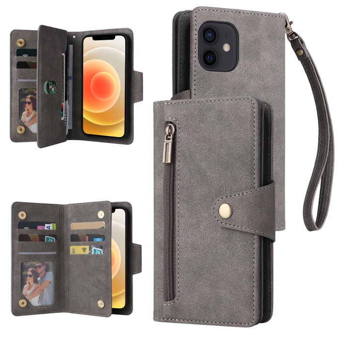 Caja de teléfono de cuero con tres pliegues para 9 tarjetas con hebilla de remache, For iPhone 7/8/SE 2020, For iPhone 7 Plus/8 Plus, For iPhone 11, For iPhone 11 Pro, For iPhone 12, For iPhone 12 mini, For iPhone 12 Pro Max, For iPhone 13 mini        ...