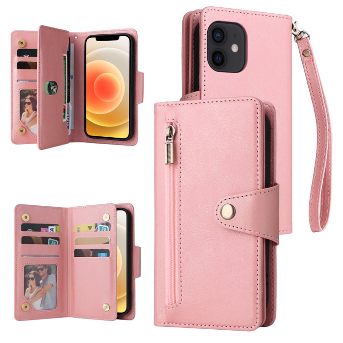 Caja de teléfono de cuero con tres pliegues para 9 tarjetas con hebilla de remache, For iPhone 7/8/SE 2020, For iPhone 7 Plus/8 Plus, For iPhone 11, For iPhone 11 Pro, For iPhone 12, For iPhone 12 mini, For iPhone 12 Pro Max, For iPhone 13 mini        ...