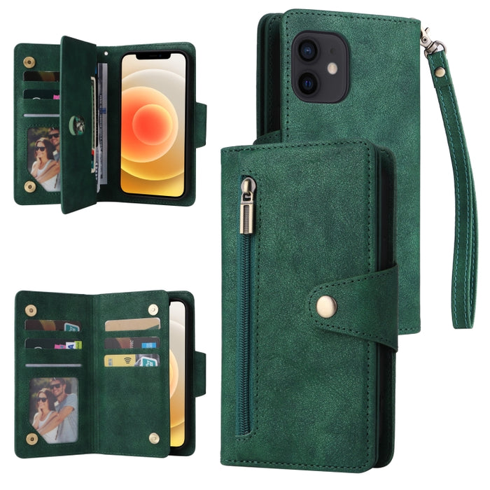 Caja de teléfono de cuero con tres pliegues para 9 tarjetas con hebilla de remache, For iPhone 7/8/SE 2020, For iPhone 7 Plus/8 Plus, For iPhone 11, For iPhone 11 Pro, For iPhone 12, For iPhone 12 mini, For iPhone 12 Pro Max, For iPhone 13 mini        ...