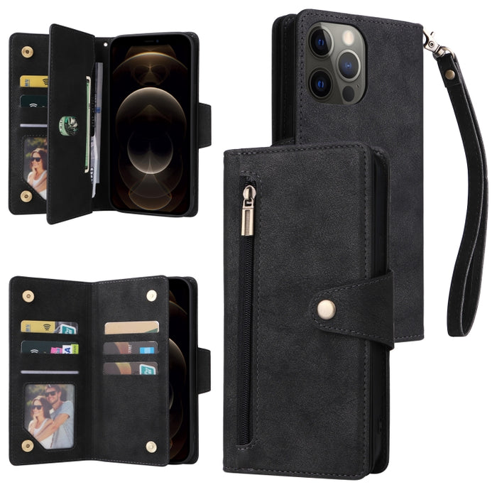 Caja de teléfono de cuero con tres pliegues para 9 tarjetas con hebilla de remache, For iPhone 7/8/SE 2020, For iPhone 7 Plus/8 Plus, For iPhone 11, For iPhone 11 Pro, For iPhone 12, For iPhone 12 mini, For iPhone 12 Pro Max, For iPhone 13 mini        ...