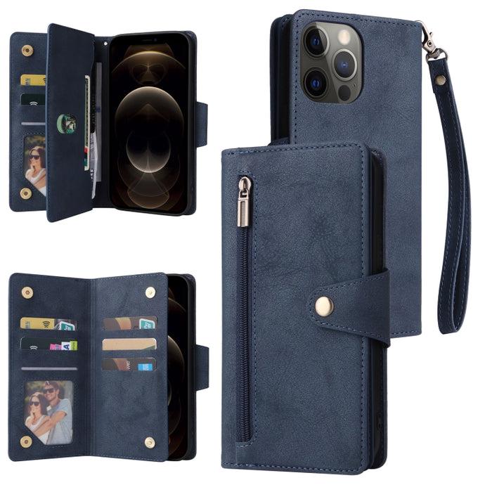 Caja de teléfono de cuero con tres pliegues para 9 tarjetas con hebilla de remache, For iPhone 7/8/SE 2020, For iPhone 7 Plus/8 Plus, For iPhone 11, For iPhone 11 Pro, For iPhone 12, For iPhone 12 mini, For iPhone 12 Pro Max, For iPhone 13 mini        ...