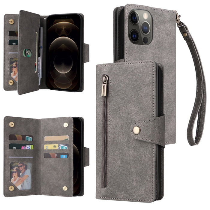 Caja de teléfono de cuero con tres pliegues para 9 tarjetas con hebilla de remache, For iPhone 7/8/SE 2020, For iPhone 7 Plus/8 Plus, For iPhone 11, For iPhone 11 Pro, For iPhone 12, For iPhone 12 mini, For iPhone 12 Pro Max, For iPhone 13 mini        ...