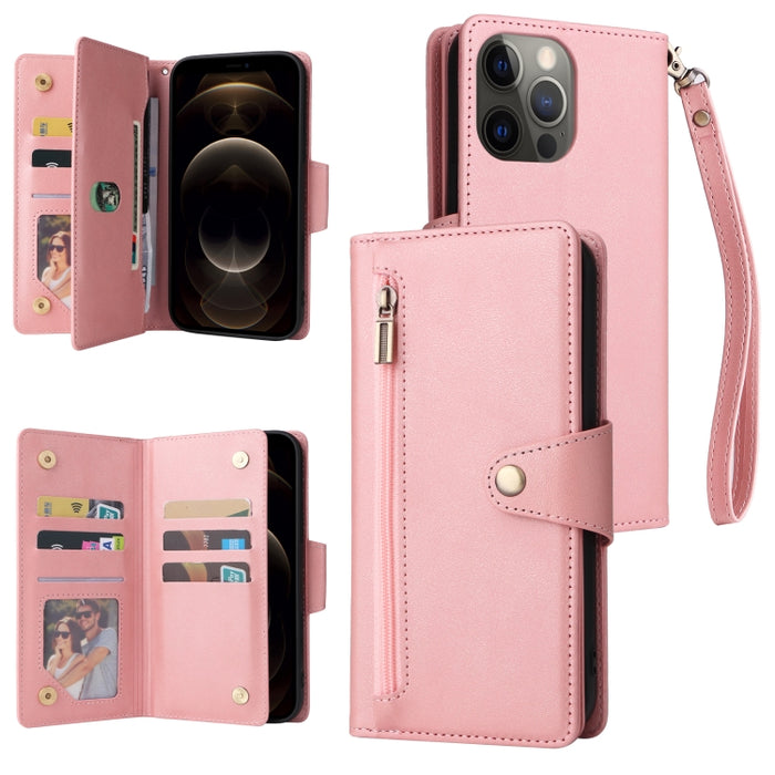 Caja de teléfono de cuero con tres pliegues para 9 tarjetas con hebilla de remache, For iPhone 7/8/SE 2020, For iPhone 7 Plus/8 Plus, For iPhone 11, For iPhone 11 Pro, For iPhone 12, For iPhone 12 mini, For iPhone 12 Pro Max, For iPhone 13 mini        ...