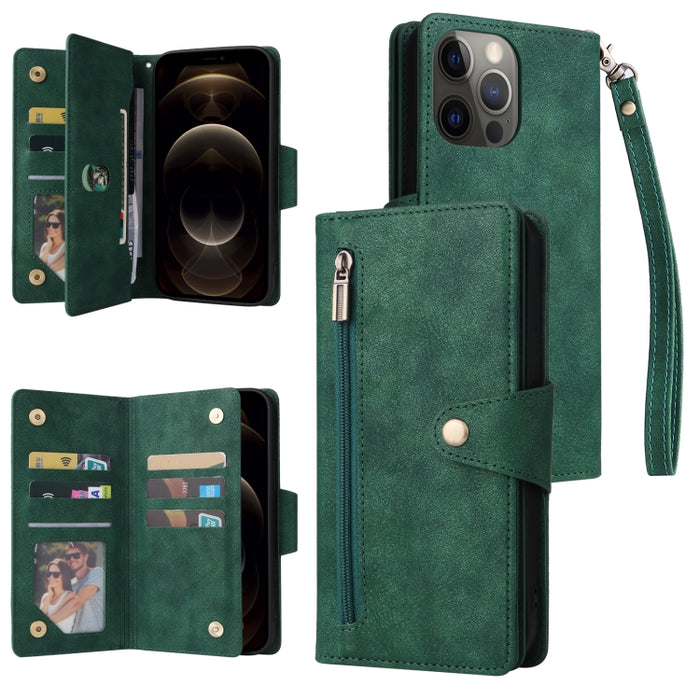 Caja de teléfono de cuero con tres pliegues para 9 tarjetas con hebilla de remache, For iPhone 7/8/SE 2020, For iPhone 7 Plus/8 Plus, For iPhone 11, For iPhone 11 Pro, For iPhone 12, For iPhone 12 mini, For iPhone 12 Pro Max, For iPhone 13 mini        ...