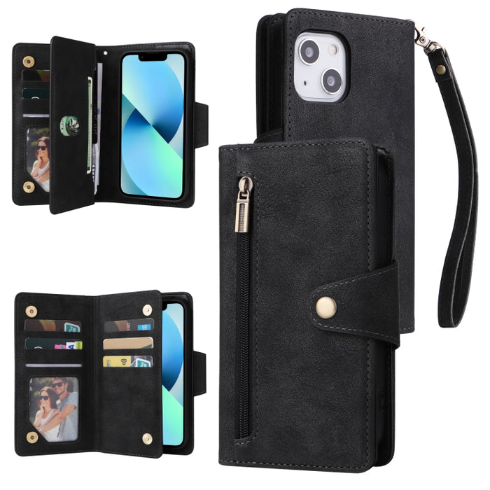 Caja de teléfono de cuero con tres pliegues para 9 tarjetas con hebilla de remache, For iPhone 7/8/SE 2020, For iPhone 7 Plus/8 Plus, For iPhone 11, For iPhone 11 Pro, For iPhone 12, For iPhone 12 mini, For iPhone 12 Pro Max, For iPhone 13 mini        ...
