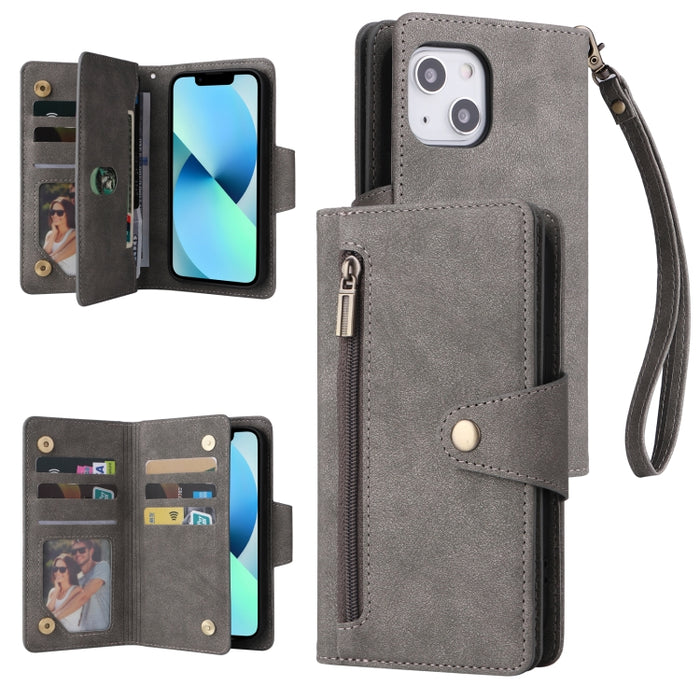 Caja de teléfono de cuero con tres pliegues para 9 tarjetas con hebilla de remache, For iPhone 7/8/SE 2020, For iPhone 7 Plus/8 Plus, For iPhone 11, For iPhone 11 Pro, For iPhone 12, For iPhone 12 mini, For iPhone 12 Pro Max, For iPhone 13 mini        ...