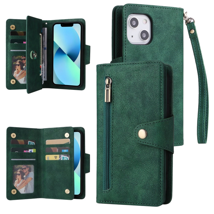 Caja de teléfono de cuero con tres pliegues para 9 tarjetas con hebilla de remache, For iPhone 7/8/SE 2020, For iPhone 7 Plus/8 Plus, For iPhone 11, For iPhone 11 Pro, For iPhone 12, For iPhone 12 mini, For iPhone 12 Pro Max, For iPhone 13 mini        ...