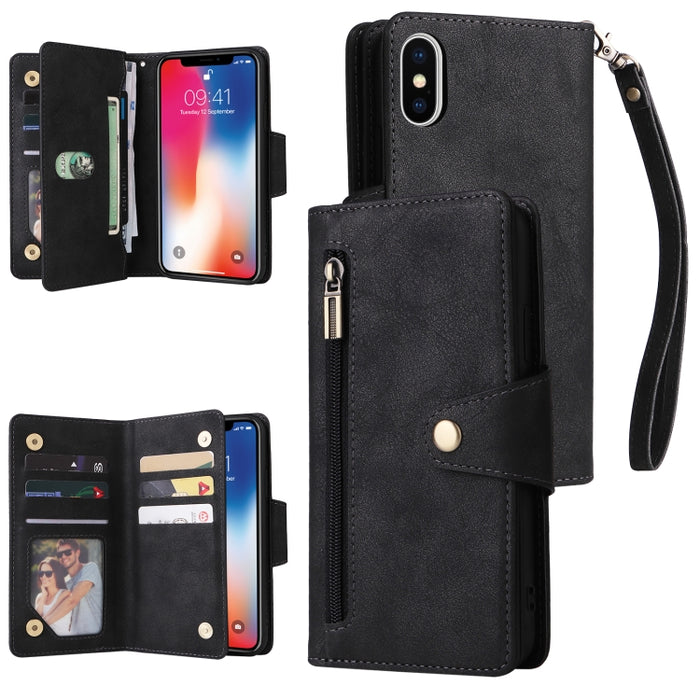Caja de teléfono de cuero con tres pliegues para 9 tarjetas con hebilla de remache, For iPhone 7/8/SE 2020, For iPhone 7 Plus/8 Plus, For iPhone 11, For iPhone 11 Pro, For iPhone 12, For iPhone 12 mini, For iPhone 12 Pro Max, For iPhone 13 mini        ...