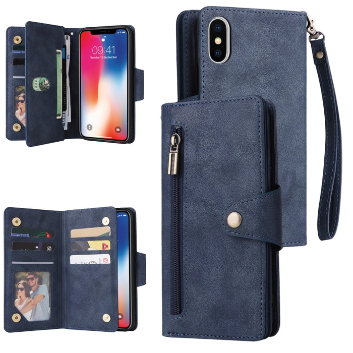 Caja de teléfono de cuero con tres pliegues para 9 tarjetas con hebilla de remache, For iPhone 7/8/SE 2020, For iPhone 7 Plus/8 Plus, For iPhone 11, For iPhone 11 Pro, For iPhone 12, For iPhone 12 mini, For iPhone 12 Pro Max, For iPhone 13 mini        ...