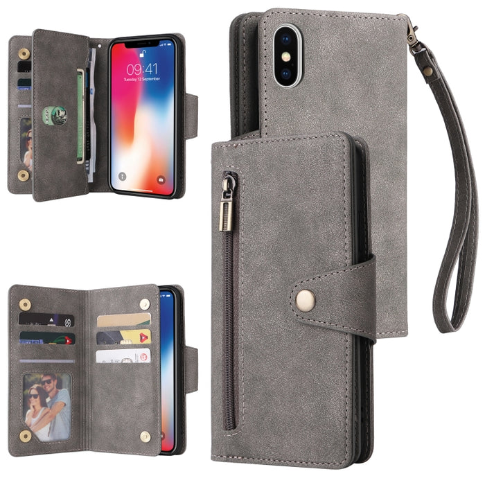 Caja de teléfono de cuero con tres pliegues para 9 tarjetas con hebilla de remache, For iPhone 7/8/SE 2020, For iPhone 7 Plus/8 Plus, For iPhone 11, For iPhone 11 Pro, For iPhone 12, For iPhone 12 mini, For iPhone 12 Pro Max, For iPhone 13 mini        ...