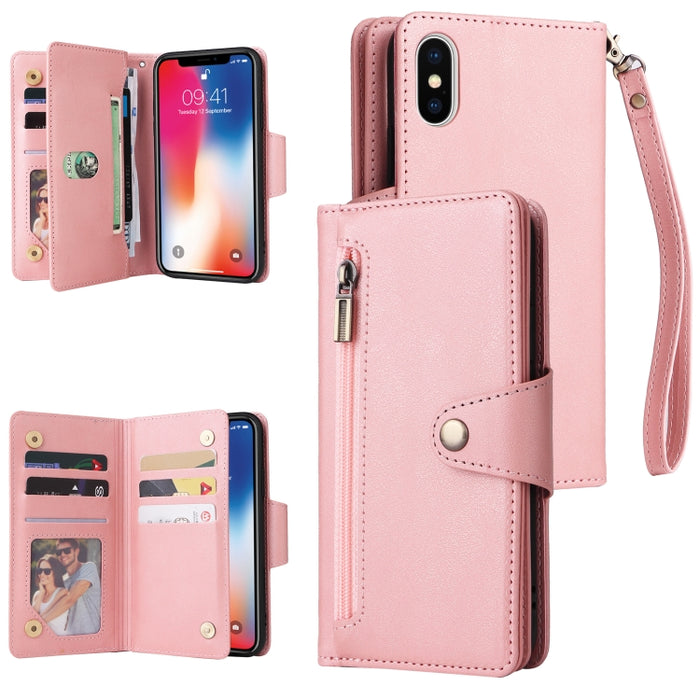 Caja de teléfono de cuero con tres pliegues para 9 tarjetas con hebilla de remache, For iPhone 7/8/SE 2020, For iPhone 7 Plus/8 Plus, For iPhone 11, For iPhone 11 Pro, For iPhone 12, For iPhone 12 mini, For iPhone 12 Pro Max, For iPhone 13 mini        ...