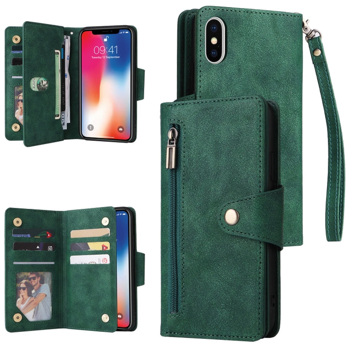Caja de teléfono de cuero con tres pliegues para 9 tarjetas con hebilla de remache, For iPhone 7/8/SE 2020, For iPhone 7 Plus/8 Plus, For iPhone 11, For iPhone 11 Pro, For iPhone 12, For iPhone 12 mini, For iPhone 12 Pro Max, For iPhone 13 mini        ...