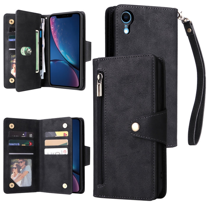 Caja de teléfono de cuero con tres pliegues para 9 tarjetas con hebilla de remache, For iPhone 7/8/SE 2020, For iPhone 7 Plus/8 Plus, For iPhone 11, For iPhone 11 Pro, For iPhone 12, For iPhone 12 mini, For iPhone 12 Pro Max, For iPhone 13 mini        ...