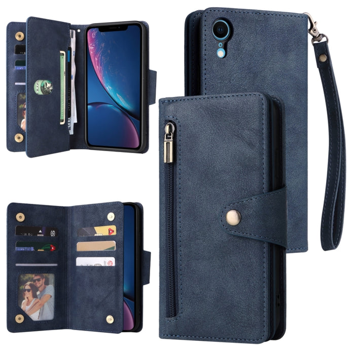 Caja de teléfono de cuero con tres pliegues para 9 tarjetas con hebilla de remache, For iPhone 7/8/SE 2020, For iPhone 7 Plus/8 Plus, For iPhone 11, For iPhone 11 Pro, For iPhone 12, For iPhone 12 mini, For iPhone 12 Pro Max, For iPhone 13 mini        ...