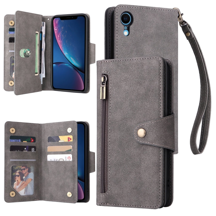Caja de teléfono de cuero con tres pliegues para 9 tarjetas con hebilla de remache, For iPhone 7/8/SE 2020, For iPhone 7 Plus/8 Plus, For iPhone 11, For iPhone 11 Pro, For iPhone 12, For iPhone 12 mini, For iPhone 12 Pro Max, For iPhone 13 mini        ...
