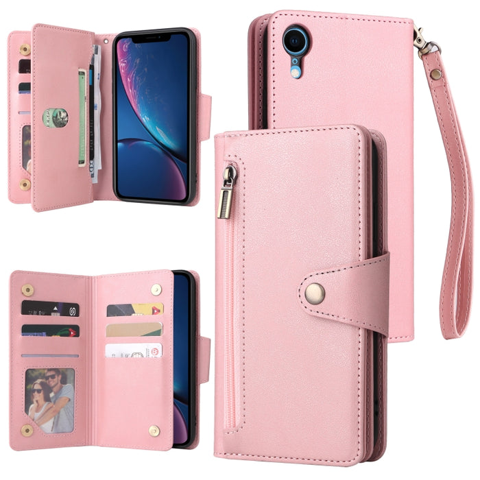Caja de teléfono de cuero con tres pliegues para 9 tarjetas con hebilla de remache, For iPhone 7/8/SE 2020, For iPhone 7 Plus/8 Plus, For iPhone 11, For iPhone 11 Pro, For iPhone 12, For iPhone 12 mini, For iPhone 12 Pro Max, For iPhone 13 mini        ...