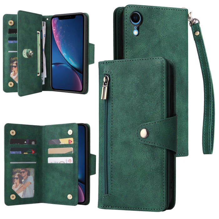 Caja de teléfono de cuero con tres pliegues para 9 tarjetas con hebilla de remache, For iPhone 7/8/SE 2020, For iPhone 7 Plus/8 Plus, For iPhone 11, For iPhone 11 Pro, For iPhone 12, For iPhone 12 mini, For iPhone 12 Pro Max, For iPhone 13 mini        ...