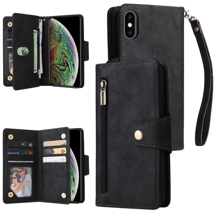 Caja de teléfono de cuero con tres pliegues para 9 tarjetas con hebilla de remache, For iPhone 7/8/SE 2020, For iPhone 7 Plus/8 Plus, For iPhone 11, For iPhone 11 Pro, For iPhone 12, For iPhone 12 mini, For iPhone 12 Pro Max, For iPhone 13 mini        ...
