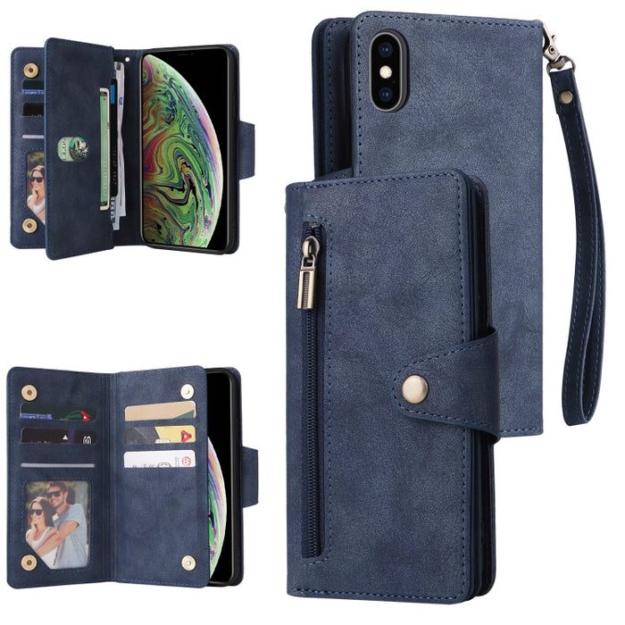 Caja de teléfono de cuero con tres pliegues para 9 tarjetas con hebilla de remache, For iPhone 7/8/SE 2020, For iPhone 7 Plus/8 Plus, For iPhone 11, For iPhone 11 Pro, For iPhone 12, For iPhone 12 mini, For iPhone 12 Pro Max, For iPhone 13 mini        ...