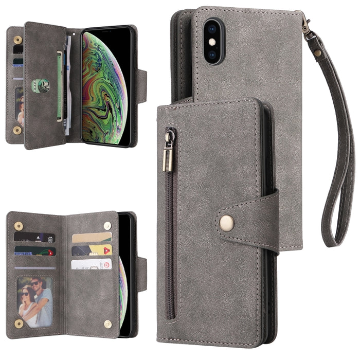 Caja de teléfono de cuero con tres pliegues para 9 tarjetas con hebilla de remache, For iPhone 7/8/SE 2020, For iPhone 7 Plus/8 Plus, For iPhone 11, For iPhone 11 Pro, For iPhone 12, For iPhone 12 mini, For iPhone 12 Pro Max, For iPhone 13 mini        ...