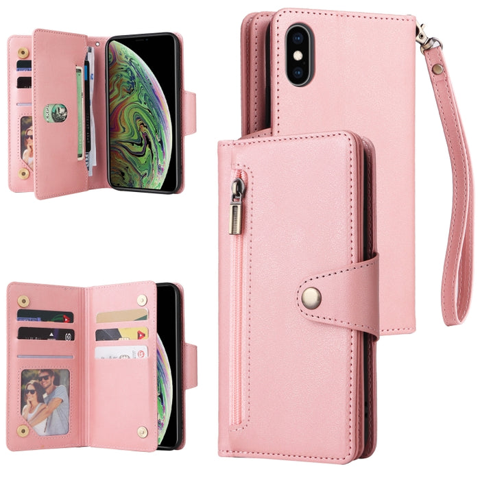 Caja de teléfono de cuero con tres pliegues para 9 tarjetas con hebilla de remache, For iPhone 7/8/SE 2020, For iPhone 7 Plus/8 Plus, For iPhone 11, For iPhone 11 Pro, For iPhone 12, For iPhone 12 mini, For iPhone 12 Pro Max, For iPhone 13 mini        ...