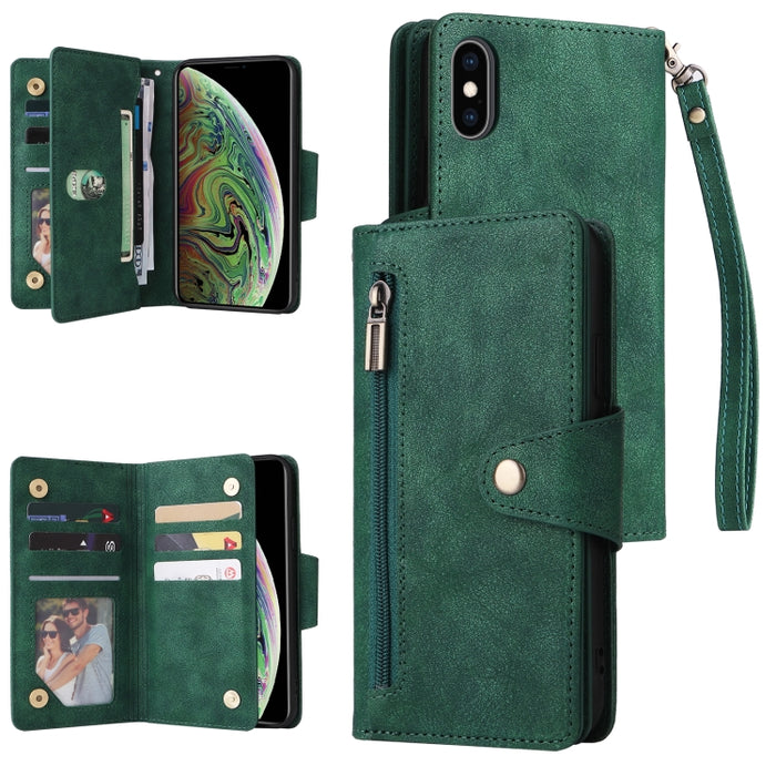 Caja de teléfono de cuero con tres pliegues para 9 tarjetas con hebilla de remache, For iPhone 7/8/SE 2020, For iPhone 7 Plus/8 Plus, For iPhone 11, For iPhone 11 Pro, For iPhone 12, For iPhone 12 mini, For iPhone 12 Pro Max, For iPhone 13 mini        ...