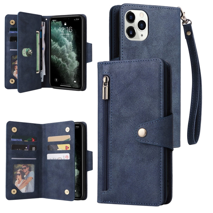 Caja de teléfono de cuero con tres pliegues para 9 tarjetas con hebilla de remache, For iPhone 7/8/SE 2020, For iPhone 7 Plus/8 Plus, For iPhone 11, For iPhone 11 Pro, For iPhone 12, For iPhone 12 mini, For iPhone 12 Pro Max, For iPhone 13 mini        ...