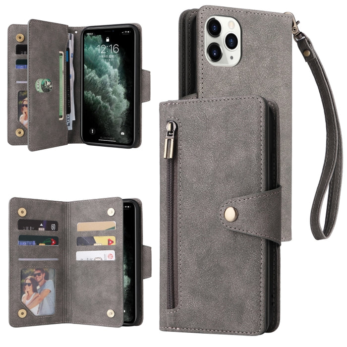 Caja de teléfono de cuero con tres pliegues para 9 tarjetas con hebilla de remache, For iPhone 7/8/SE 2020, For iPhone 7 Plus/8 Plus, For iPhone 11, For iPhone 11 Pro, For iPhone 12, For iPhone 12 mini, For iPhone 12 Pro Max, For iPhone 13 mini        ...