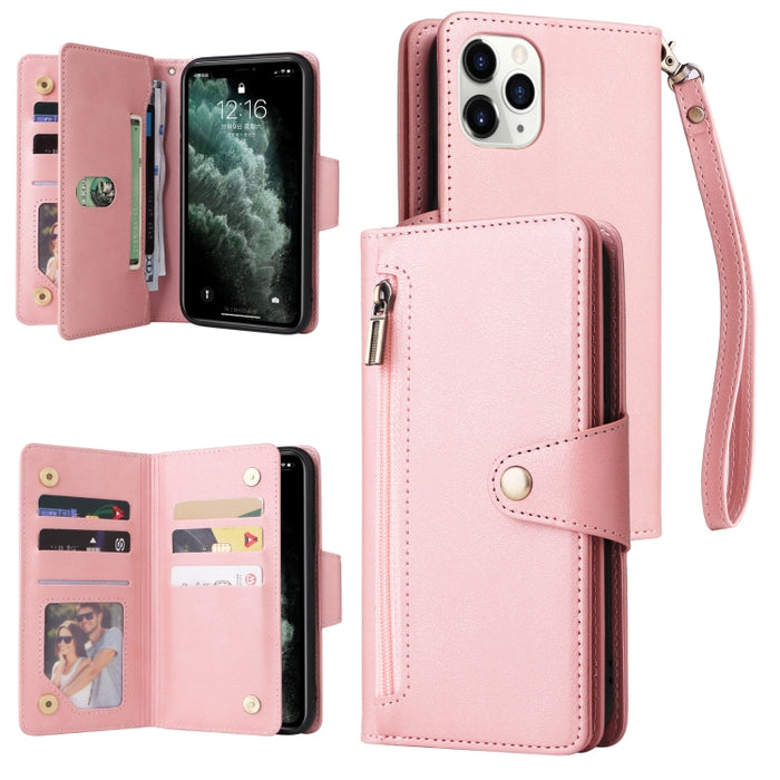 Caja de teléfono de cuero con tres pliegues para 9 tarjetas con hebilla de remache, For iPhone 7/8/SE 2020, For iPhone 7 Plus/8 Plus, For iPhone 11, For iPhone 11 Pro, For iPhone 12, For iPhone 12 mini, For iPhone 12 Pro Max, For iPhone 13 mini        ...