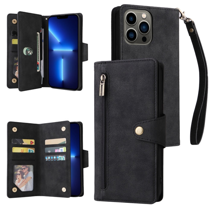 Caja de teléfono de cuero con tres pliegues para 9 tarjetas con hebilla de remache, For iPhone 7/8/SE 2020, For iPhone 7 Plus/8 Plus, For iPhone 11, For iPhone 11 Pro, For iPhone 12, For iPhone 12 mini, For iPhone 12 Pro Max, For iPhone 13 mini        ...