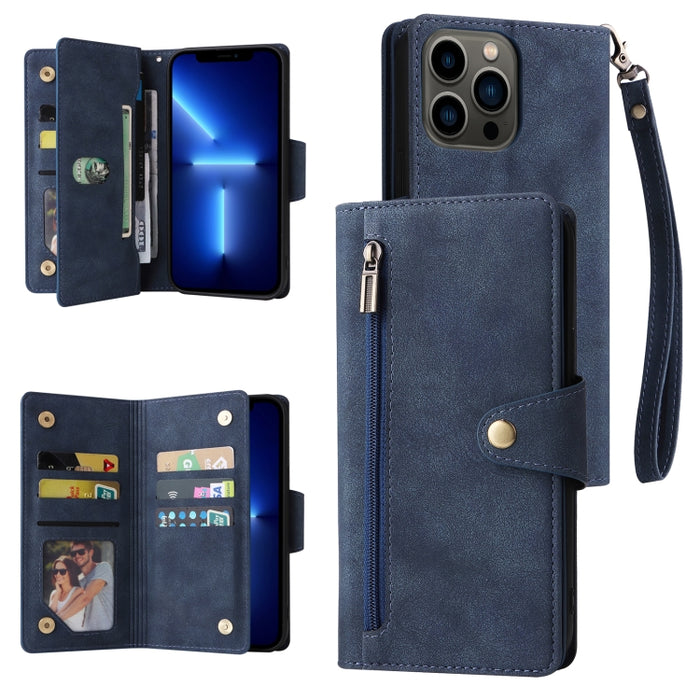 Caja de teléfono de cuero con tres pliegues para 9 tarjetas con hebilla de remache, For iPhone 7/8/SE 2020, For iPhone 7 Plus/8 Plus, For iPhone 11, For iPhone 11 Pro, For iPhone 12, For iPhone 12 mini, For iPhone 12 Pro Max, For iPhone 13 mini        ...
