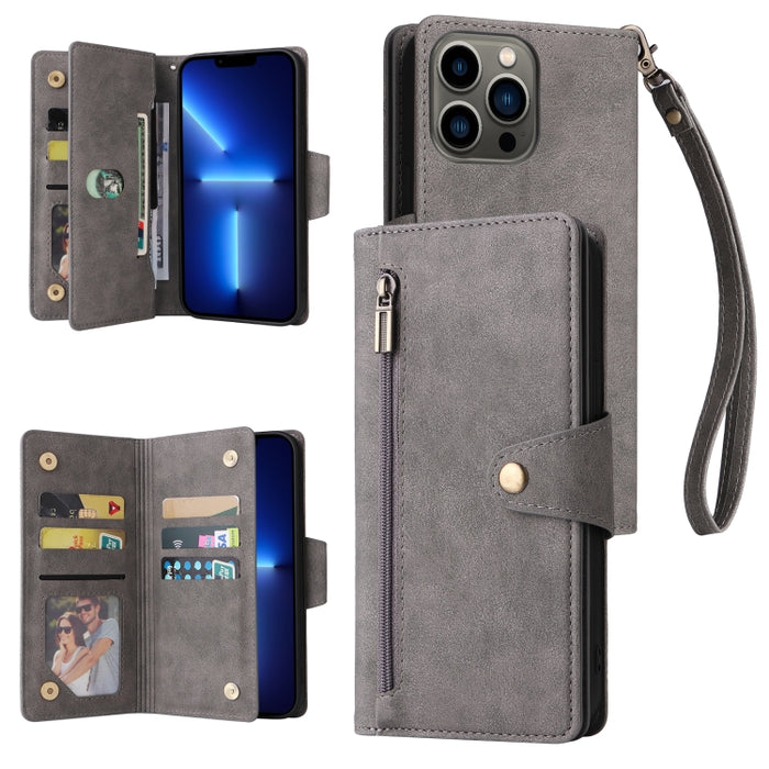 Caja de teléfono de cuero con tres pliegues para 9 tarjetas con hebilla de remache, For iPhone 7/8/SE 2020, For iPhone 7 Plus/8 Plus, For iPhone 11, For iPhone 11 Pro, For iPhone 12, For iPhone 12 mini, For iPhone 12 Pro Max, For iPhone 13 mini        ...