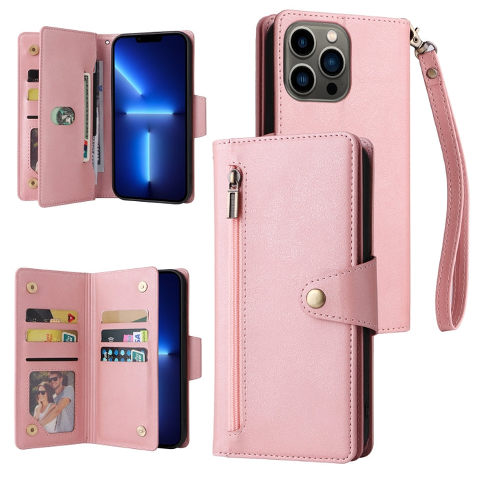 Caja de teléfono de cuero con tres pliegues para 9 tarjetas con hebilla de remache, For iPhone 7/8/SE 2020, For iPhone 7 Plus/8 Plus, For iPhone 11, For iPhone 11 Pro, For iPhone 12, For iPhone 12 mini, For iPhone 12 Pro Max, For iPhone 13 mini        ...