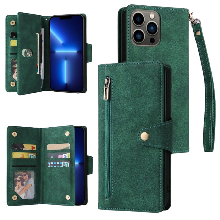 Caja de teléfono de cuero con tres pliegues para 9 tarjetas con hebilla de remache, For iPhone 7/8/SE 2020, For iPhone 7 Plus/8 Plus, For iPhone 11, For iPhone 11 Pro, For iPhone 12, For iPhone 12 mini, For iPhone 12 Pro Max, For iPhone 13 mini        ...