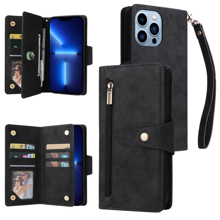 Caja de teléfono de cuero con tres pliegues para 9 tarjetas con hebilla de remache, For iPhone 7/8/SE 2020, For iPhone 7 Plus/8 Plus, For iPhone 11, For iPhone 11 Pro, For iPhone 12, For iPhone 12 mini, For iPhone 12 Pro Max, For iPhone 13 mini        ...