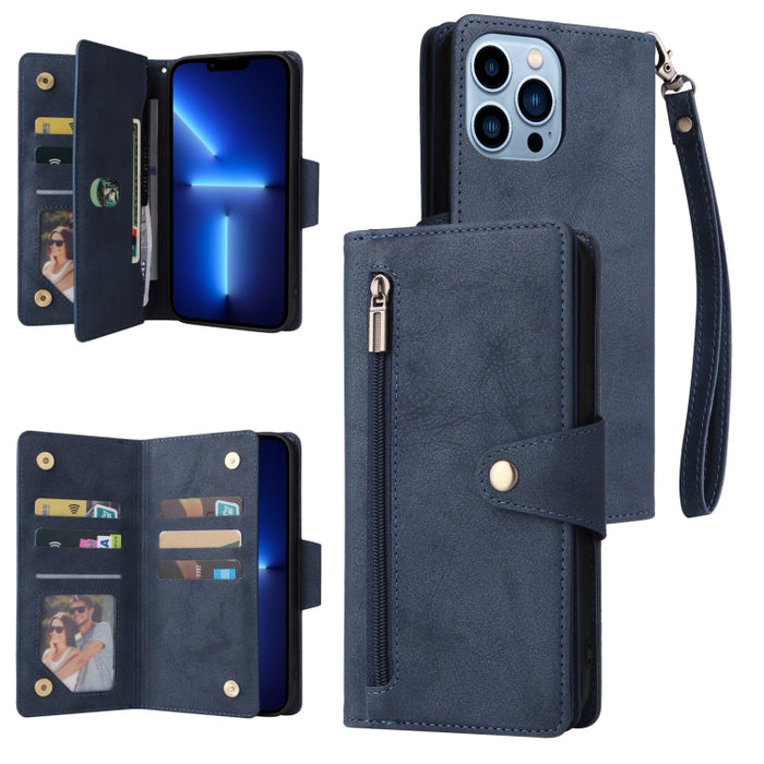 Caja de teléfono de cuero con tres pliegues para 9 tarjetas con hebilla de remache, For iPhone 7/8/SE 2020, For iPhone 7 Plus/8 Plus, For iPhone 11, For iPhone 11 Pro, For iPhone 12, For iPhone 12 mini, For iPhone 12 Pro Max, For iPhone 13 mini        ...