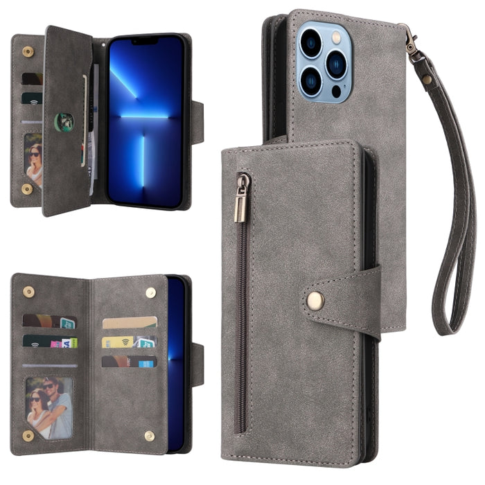 Caja de teléfono de cuero con tres pliegues para 9 tarjetas con hebilla de remache, For iPhone 7/8/SE 2020, For iPhone 7 Plus/8 Plus, For iPhone 11, For iPhone 11 Pro, For iPhone 12, For iPhone 12 mini, For iPhone 12 Pro Max, For iPhone 13 mini        ...