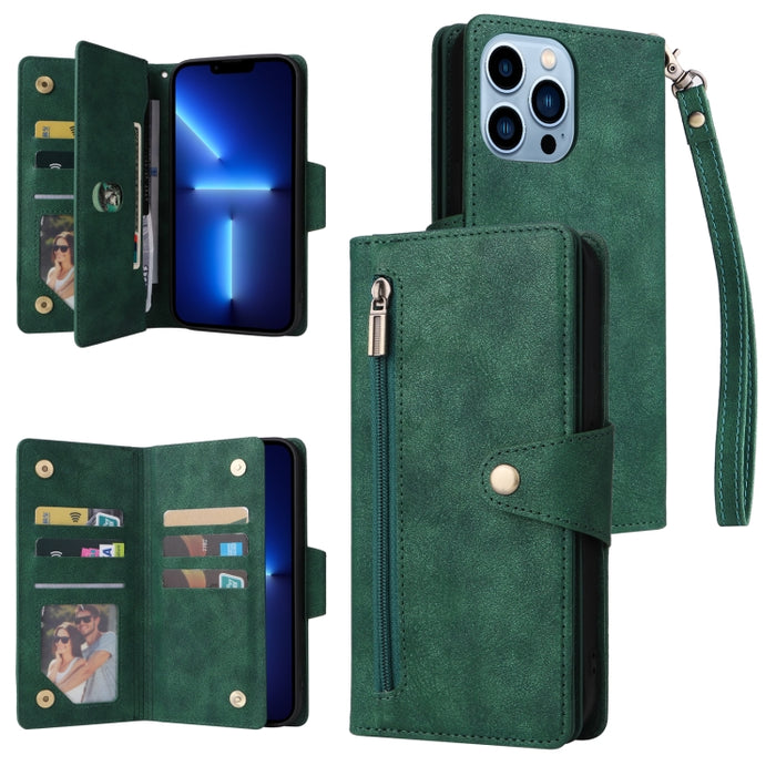Caja de teléfono de cuero con tres pliegues para 9 tarjetas con hebilla de remache, For iPhone 7/8/SE 2020, For iPhone 7 Plus/8 Plus, For iPhone 11, For iPhone 11 Pro, For iPhone 12, For iPhone 12 mini, For iPhone 12 Pro Max, For iPhone 13 mini        ...