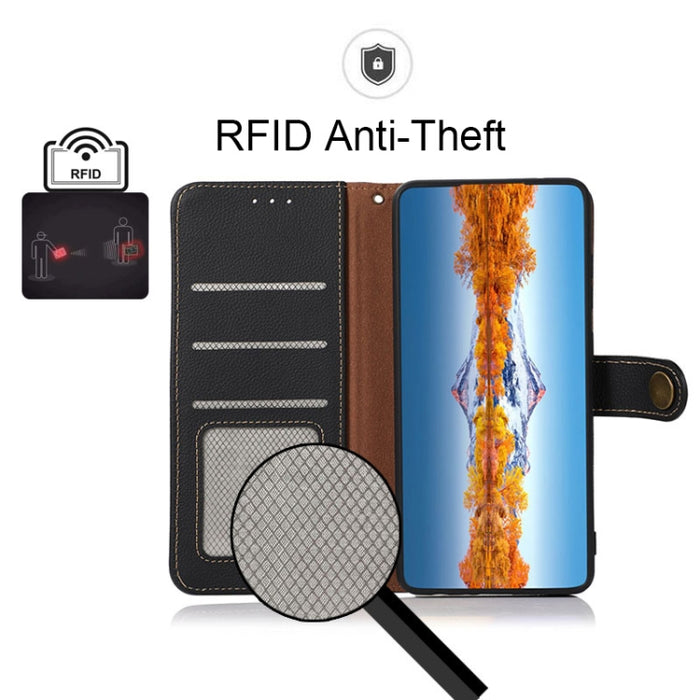 KHAZNEH Custer Estuche para teléfono RFID de cuero genuino, For Xiaomi Redmi 10A, For Sony Xperia Ace III, For Kyocera Android One S9, For Samsung Galaxy F23 / M23