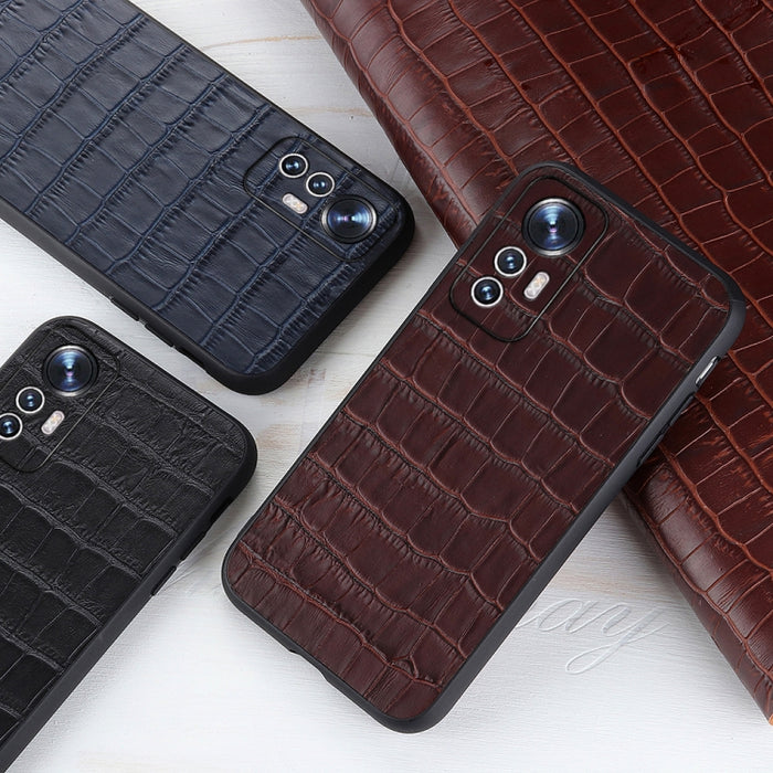Caja de teléfono de cuero genuino con textura de cocodrilo de agujero fino, For Xiaomi Mi 12 Lite