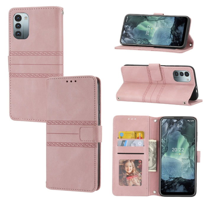 Estuche de cuero para teléfono con tapa horizontal con hebilla magnética a rayas en relieve, For vivo Y52s, For Motorola Moto G22, For Google Pixel 7, For Xiaomi Poco M4 Pro, For Nokia G21 / G11, For Google Pixel 7 Pro                                  ...