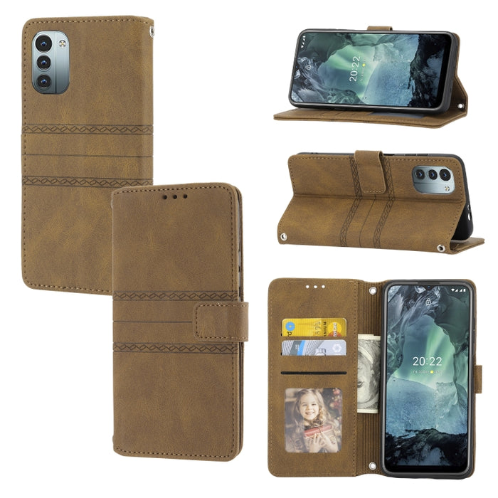 Estuche de cuero para teléfono con tapa horizontal con hebilla magnética a rayas en relieve, For vivo Y52s, For Motorola Moto G22, For Google Pixel 7, For Xiaomi Poco M4 Pro, For Nokia G21 / G11, For Google Pixel 7 Pro                                  ...
