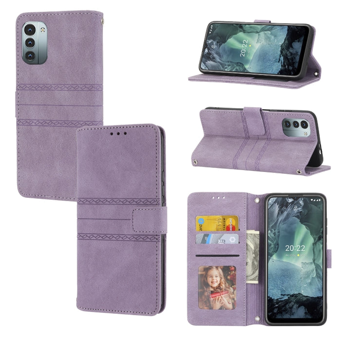 Estuche de cuero para teléfono con tapa horizontal con hebilla magnética a rayas en relieve, For vivo Y52s, For Motorola Moto G22, For Google Pixel 7, For Xiaomi Poco M4 Pro, For Nokia G21 / G11, For Google Pixel 7 Pro                                  ...